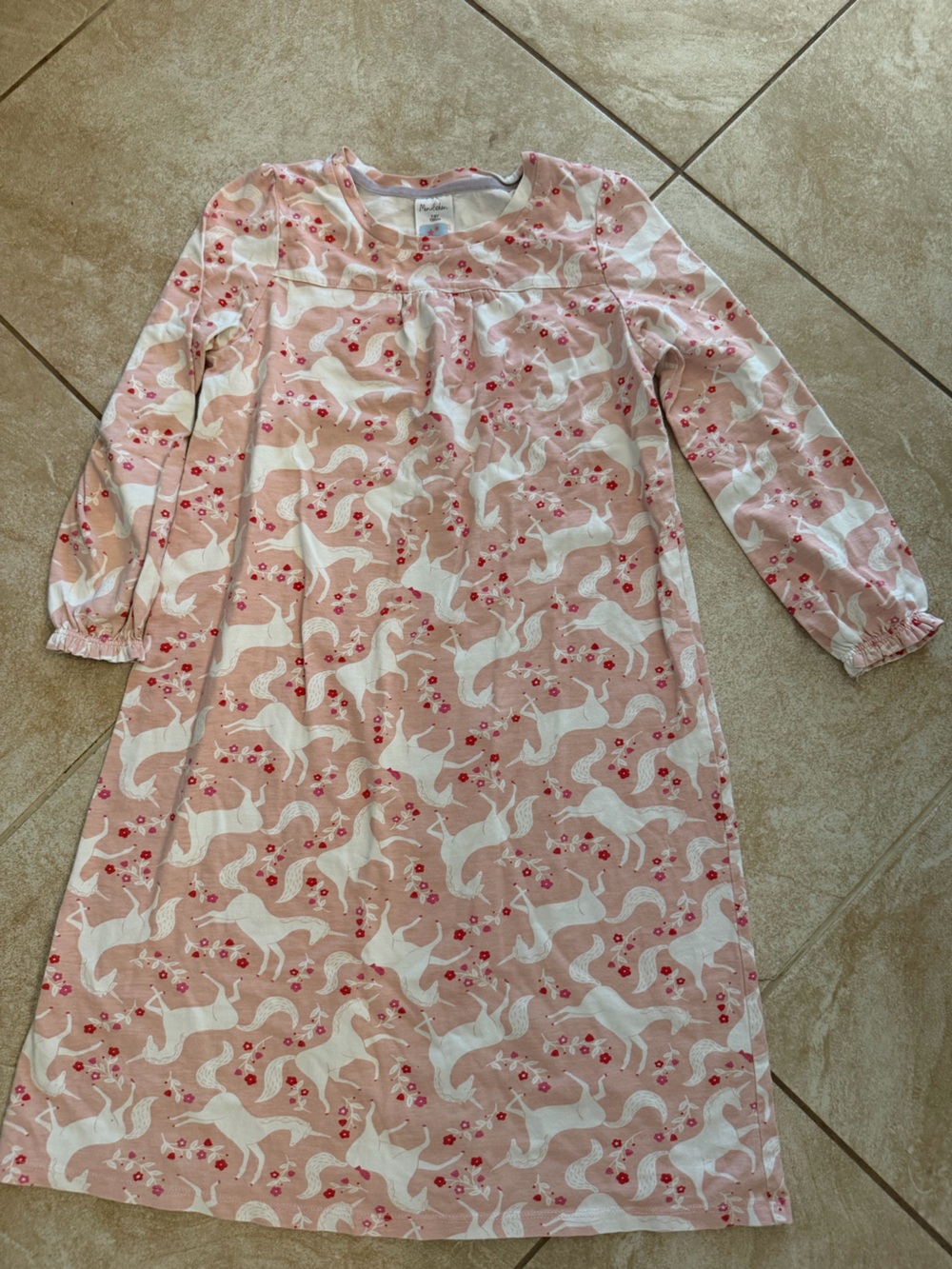 Mini Boden Pink and White Unicorn Nightgown girl size 7/8 light wash wear